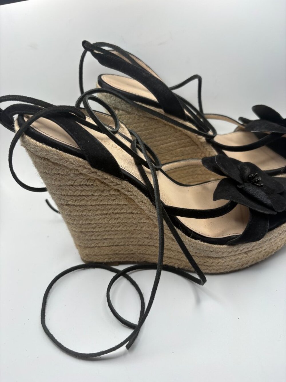 Pelle Moda Black Suede Flower Espadrille Wedge Sandals Women’s 9M Lace Up
